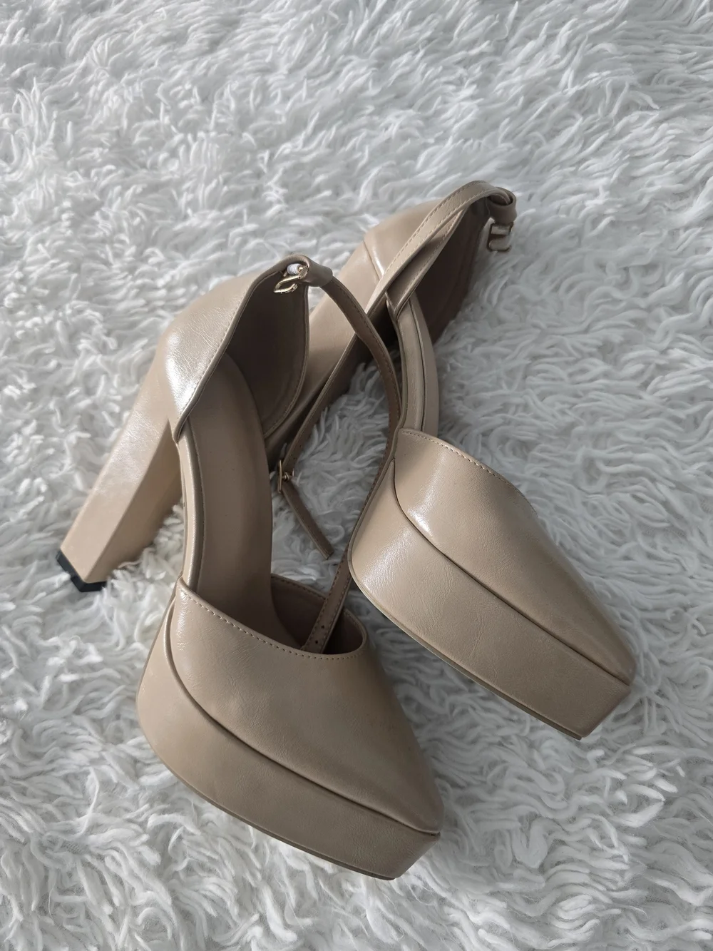 Women’s Beige Platform Block Heel Pumps with Ankle Strap